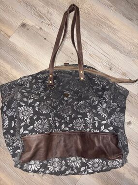 Myra Bag Gray Floral Canvas Tote with Brown Trim